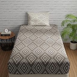 Huesland by Ahmedabad Cotton 144 TC Elastic Bedsheet Single Bed Cotton with 1 Pillow Cover | 36 x 78 inches | Taupe & White-image-21