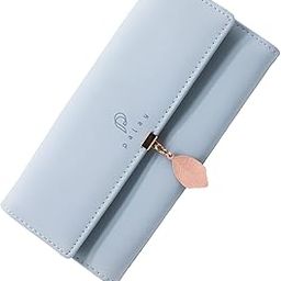 Women's PU Leather Long Wallet with Leaf Pendant Card Holders Phone Pocket Girls Zipper Coin Purse (Blue)-image-23