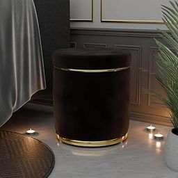 ETIQUETTE ART Velvet Round Dual Strip Ottoman Office Stool Foot Rest Stool Linen Fabric Padded Seat Pouf Ottoman with Round Shape for Living Room (Brown)-image-90