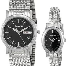 Quartz Analog with Day and Date Black Dial Metal Strap Watch for Couple-NS11418100SM01P-image-6