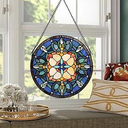 YOURANJU Handmade Stained Glass Window Hanging Tiffany Style Dark Blue Suncatcher Wall Decor Art Panel Round 12" Diameter Include 20" Chain and Hooks Perfect Christma Housewarming Gift for Women-image-41