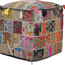 Handicraft Bazarr Patchwork Bean Bag Cover 16x16x16 Inch Traditional Handmade Square Ottoman Decorative Embroidery Living Room Decor Footstool Cover-image-72