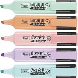 FLAIR Pastel 5 Shades Hi-lighter Pouch Pack | Flexible Line Width | Quick Drying & Smudge Proof Pastel Ink | Non-Toxic Ink, Safe For Childrens | 5 Smoothing Colors, Pack of 1-28