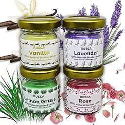 RUECA Lemon Grass, Lavender, Rose & Vanilla Scented Candles for Home Decor, Gifts & Aromatherapy | Natural Soy Wax Mini Glass Jar Candle Pack of 4 | 4 x 25 GMS Each | Burn up to 40 hrs (10 hrs Each)-image-11