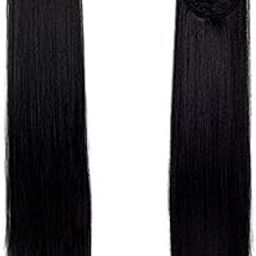 D-DIVINE Tie Up Ponytail Human Hair Extensions with Ribbon Binding Comb Clip in Long Straight Pony Tail for Women, 20 Inch-Black-image-3