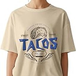 100% Pure Cotton Oversized Baggy Fit Front Tacos Printed Swan White Round Neck T-Shirt for Women & Girls (Sizes: S to 2XL)-image-65