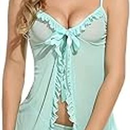 Women's Polyamide, Spandex & Lace Plain Above Knee Baby Doll, Nighty for Honeymoon | Sexy Dress for Girls (Free Size, Green)-image-79