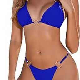 Two-Piece Bikini Set with O-Ring Details, Royal Blue, Halter Neck Top with Tie Back, Brazilian Cut Bottom-picture-16
