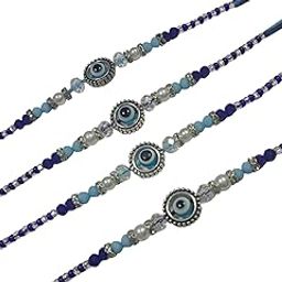 Pack of 4 Evil Eye Blue Beaded Rakhis for Brother | Stylish Blue Beaded Rakhi Set for Raksha Bandhan | Nazar Battu Designer Rakhis with Crystal & Pearl Beads | Protective Rakhi Combo-image-86