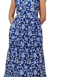 Women Floral Block Print Mandarin Collar TieFit & Flare Fusion Maxi Dress-image-46