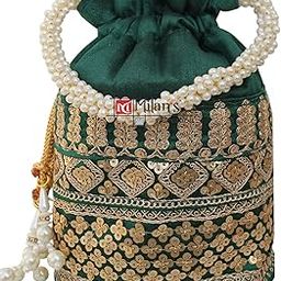 Raw-Silk Designer Potli Bag for women with Golden Embroidery and Pearl Handle Tassel-image-61