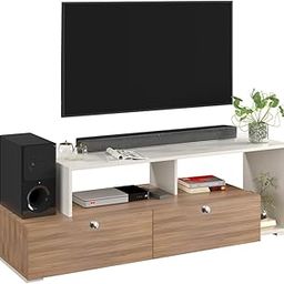 Dexon Engineering Wood Floor Standing TV Entertainment Unit Set Top Box Stand, TV Cabinet with Storage Shelves, Large Size for 43-55 Inches (Exotic Teak & Frosty White)-image-4