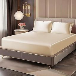 SANMARINO Luxury Satin 360° All-Round Fitted Plain King Bedsheet with 2 Pillow Cover –300 TC, Silky Soft, Deep Pocket Bed Sheet – Wrinkle-Resistant & Smooth Finish -Size(78X72+10 in)-Color-Beige-image-91