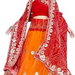 Traditional Rajasthani Georgette Lehenga Choli Set, Red and Orange, Semi-Stitched with Aari Work-image-51
