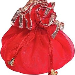 Transbound 5 Pcs Reversible Round Organza Drawstring Potli Bags with Gota Lace for Weddings, Return Gifts – 20 Inch, 700g Capacity, Red-image-96