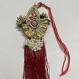 Decorative Lumba Rakhi with Pearl Beads and Golden Floral Design, Red Tassel, Traditional Rakshabandhan Gift for Bhabhi-image-44