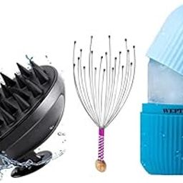 WEPTIX® Hair Scalp Manual Massager Shampoo Brush & Face ice roller massager with Head massager Scalp Scratcher 12 Finger Body Relaxing Hair Massage Soft Silicone (Head Massager+Shampoo+New blue)-image-66