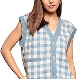 Women Checked Print V-Neck Sleeveless Front Button-Up Acrylic Straight Hem Knitted Regular Cardigan-5