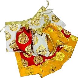 Moira 30 pcs 5X7 inch Small Size Multi Color Silk Leaf Printed Potli for Gifting, Jewellery Storage, Shagun, Coin Packing-53