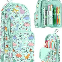 Dravina Canvas Large Capacity Pencil Pouch with 3 Zippers & 5 Compartments| Aesthetic Stationary Standing Pencil Case| Waterproof School Box for Girls & Boys Unicorn Pencil Box (Green Dinosaur)-7
