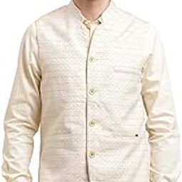 Men Pure Linen Beige Self Design Nehru Jacket-2