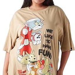 Official Tom & Jerry Merchandise Women's Graphic Print Oversized Fit Half Sleeve Round Neck Cotton Jersey Plus Size T-Shirt-image-85