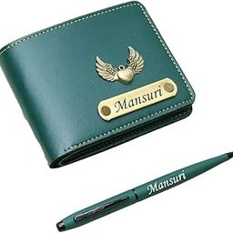 Customized Name Wallet and Pen Combo for Men with Personalized 12 Font Name and 38 Charm Gift for Your Loved Once - Green-picture-53