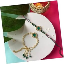 Designer Kundan & Pearl Hanging Bhaiya Bhabhi Lumba Rakhi Set with Roli Chawal and Rakshabandhan Card (R140CO)-image-91