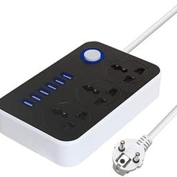 VATTU Spike Guard with USB 3 Plug Adapter Power Strip 2mtr Cable Universal 3 AC Sockets + 6-USB Ports 3.4A Extension Boards Desktop Charging Station with 6 ft Extension Cord Surge Protection-22