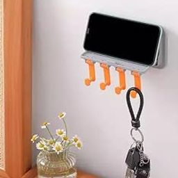 Finner Wall Mounted Multipurpose Plastic Mobile Stand with 4 Hooks |Mobile Phone Charging Stand | Self Adhesive Universal Smartphone Storage Organizer for Office, Bedroom, Kitchen.-picture-26
