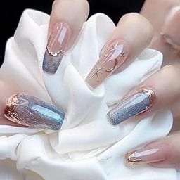 Beauty Tips Elegant Press On Nails for girls, Rose Gold and Silver Glitter Gradient, Nude Base with Metallic Art Design, Long Square Shape,24pcs. R37-picture-11
