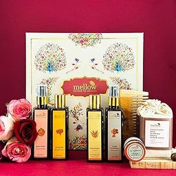 Mellow Sundaram Gift Box | Lip Treatment-12g, Rose water-100ml, Marigold & mint Facewash-100ml, Chocolate almond Scrub Soap 100g, Herbal Shampoo-100ml, Herbal Conditioner-100ml, Wooden neem comb-42
