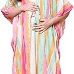Printed Rayon Maternity Kaftan/Maxi Nighty/Free Size/Feeding/Nursing/Zipper/Drawstring-16