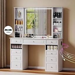 Mann Mart‚Spacious 47" Vanity Desk with Lighted Mirror, 9 Drawers & Wireless Charging ‚¨ Crystal Knobs & Bluetooth Speaker-image-64