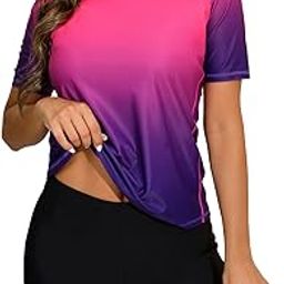 Women Short Sleeve Two Piece Rash Guard Set UPF 50 Swim Shirt with Board Shorts-image-26