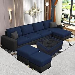 FURNY Arvon 8 Seater Fabric RHS Sectional L Shape Sofa Set with 1 Centre Table & 2 Puffy (Blue-Dark Grey)-image-40