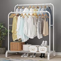 KRISHYAM Metal Garment Rack with 4-Tier Wood Shelves and Hanging Rod - Freestanding Open Wardrobe (Double Rod-White, White)-image-2