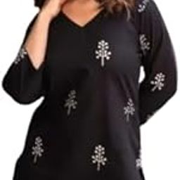 Women's V-Neck Embroidered Tunic Top, Long Sleeve, Black with Silver Tree Pattern (in, Alpha, L, Regular, Black)-image-36