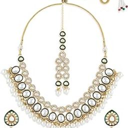 Green Meenakari Dazzling Stones Beads Necklace Earring & Maangtikka Set For Women-ZPFK21427-3
