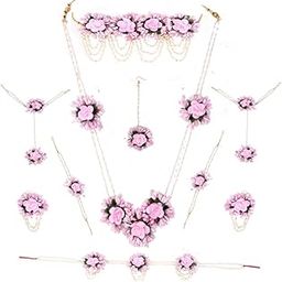 Latest Baby Pink Bridal Flower Jewellery Set for Haldi Gota Patti Necklace Earrings, Bracelet & Maang Tika for Women & Girls (Mehandi/Haldi/Wedding/Bridal/Baby Shower).-11