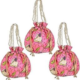 Potli|Silk Wedding Potli|Wallet Potli|Christmas Gift Potli|Baby Shower Potli|Traditional Shagun Potli|Drawstring with Beads Handle Potli|Cow-Design Patli Potli|Pack of 3|Pink-image-36