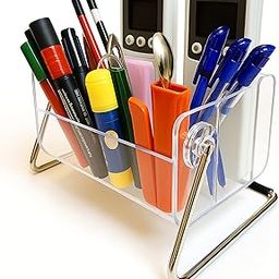 VENKOLLIDAM Acrylic Remote Control Holder & Multi-purpose Desk Organizer | 6-Slot Storage for Stationery, Makeup, Art Brushes, Medicine | Transparent with Steel Grip Stand (12x10x18cm)-image-44
