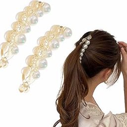 Stylish White Pearl Banana Ponytail Holder Thick Fine Hair Clutchers French Barrettes Teeth Inside Slide Jaw Clips Wedding Designer Fancy Hair Clips For Women & Girls | (Pack of 2)-image-9