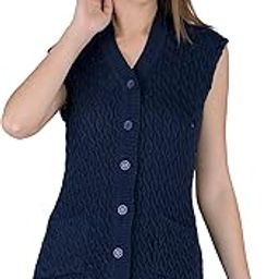 Women Woolen Sleeveless Self Design Cardigan - Rainbow Fabric Winter Wear Pure Wool 100% Rainbow Wool Free Size Cotty Fully Warm With Front Pockets (XXL, Navy)-image-62