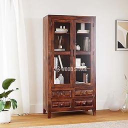 WOODSTAGE Sheesham Wood Kitchen Cabinet with 2 Glass Door and 4 Drawer Storage for Living Room Study Room Kitchen Home Wooden Crockery Cabinet for Kitchen Library Rack Stand Furniture (Walnut Finish)-27