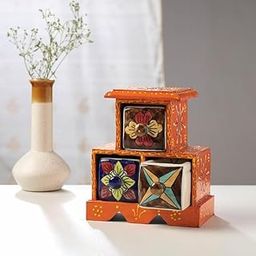 Bharat Handicraft Wooden Triangle Chest with 3 Colourful Ceramic Drawers, Multipurpose Storage, Dressing Table Organizer, Decorated Wooden Drawer Table Décor, Orange, Standard, Pack of 1-image-82