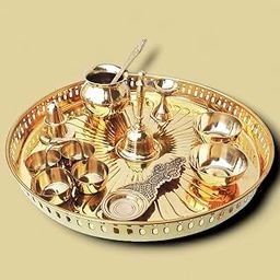 RM Metals 10 Inch Brass Pooja Thali Set - Set of 10pcs | Bartan Thambulam Plate | Puja Set | Pooja Plate Set Home Decor | Ethnic Puja Thali for Temple Office Home Wedding Return Gifts-image-60