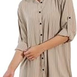 Women's Vintage Mauve Striped High-Low Shirt | Butter Crepe Oversized Shirt with Pockets & Button Sleeve Detail | Stylish Casual Wear for Women-image-32