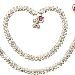 Silver Anklet with Colorful Accent Beads and Heart Charm, Traditional Design, Pair-image-90