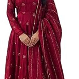 Women's Maroon Embroidered Anarkali Dress with Dupatta, Long Sleeve Floor Length Gown-image-59